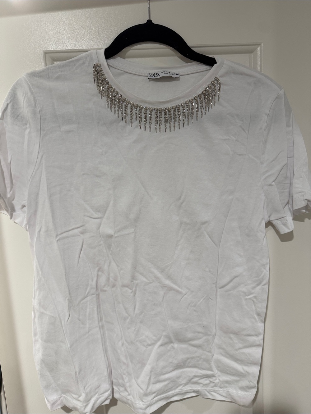 Zara White Tee with Silver Rhinestone Fringe